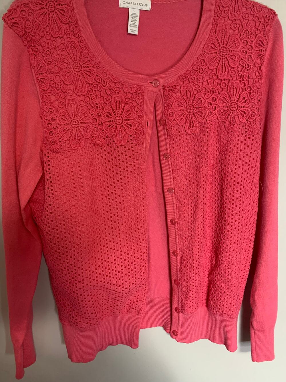 Charter Club Pink Lace-Front Cardigan Sweater